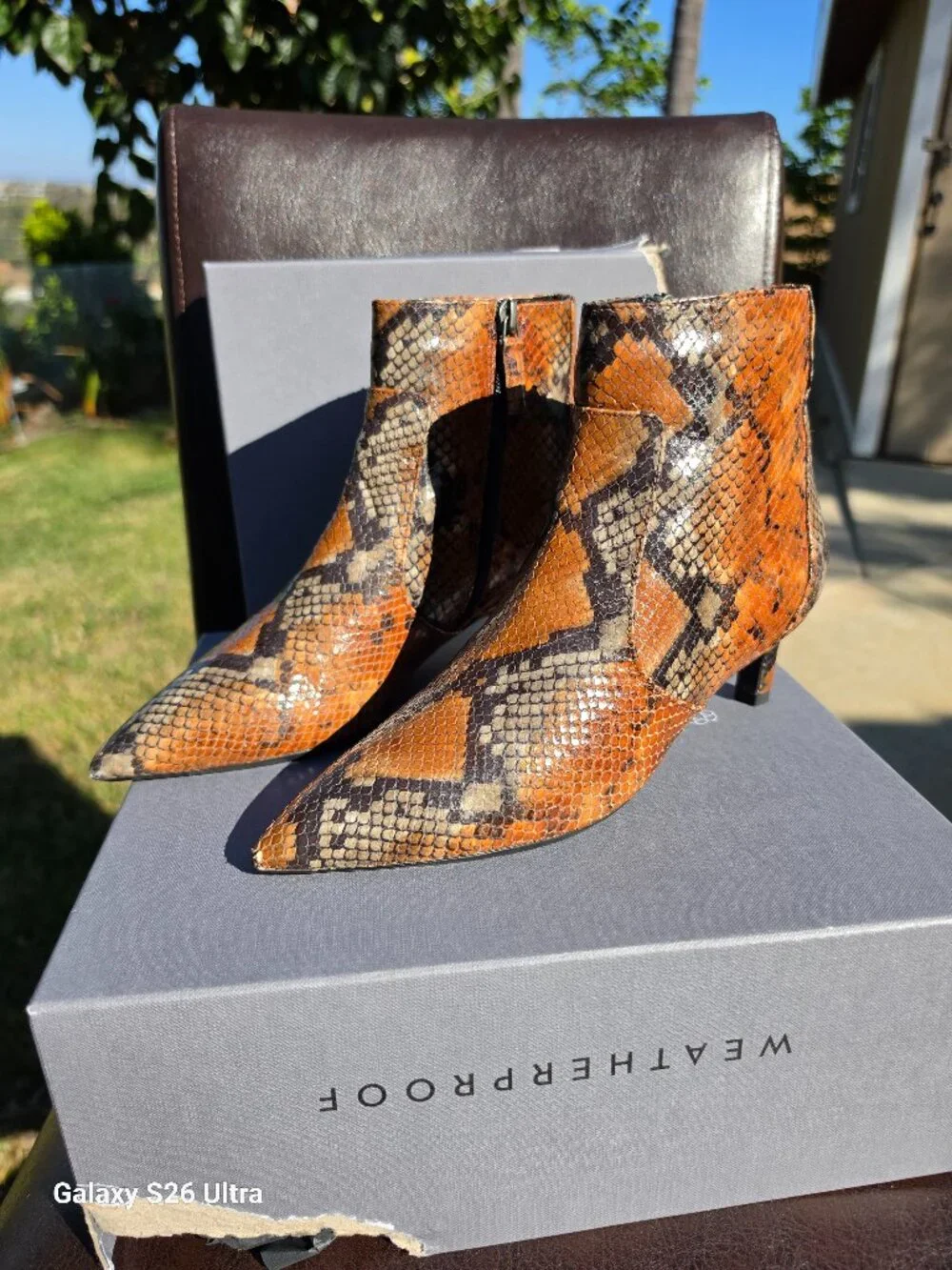 AQUATALIA Cognac Snake Print Leather Marilisa Kitten Heel Booties 7.5M w/ Box